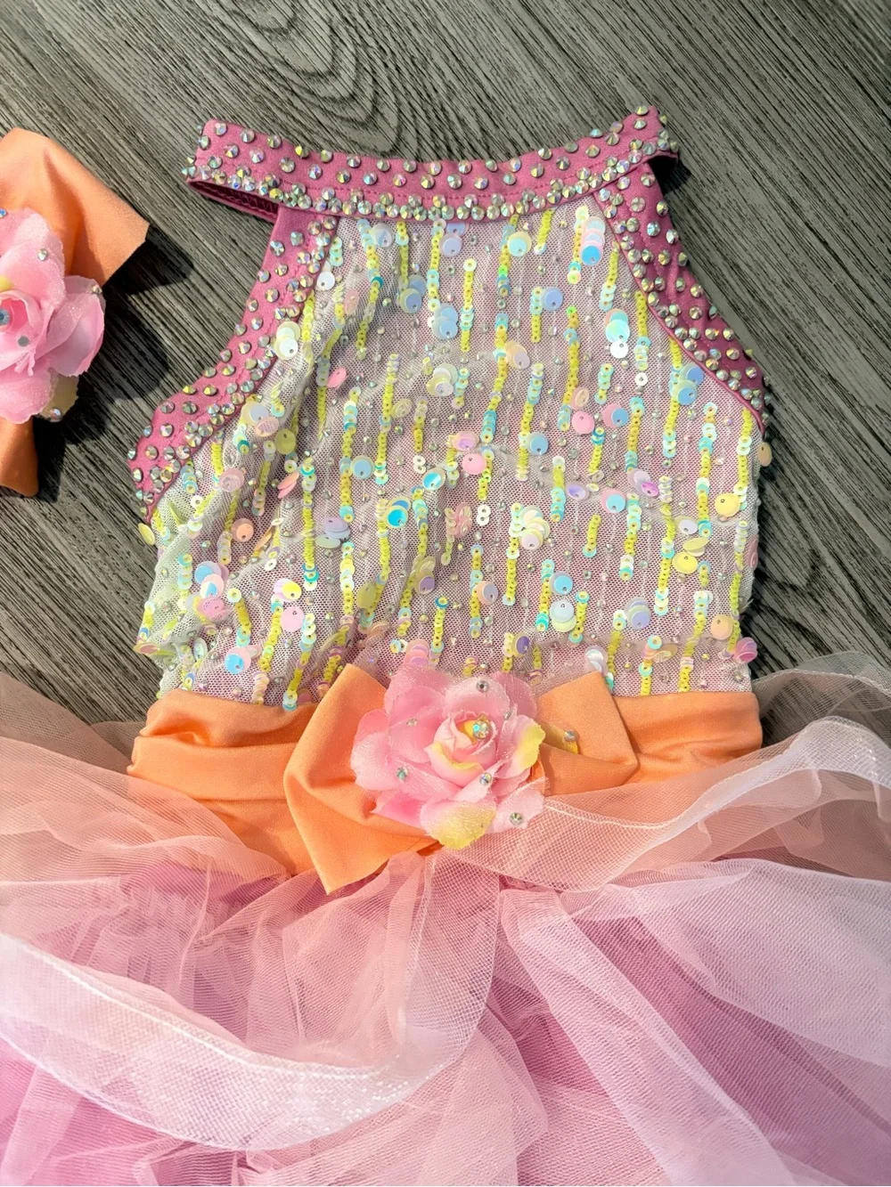 Weissman Pink and Peach Sequin Tulle Dance Costume with Floral Accents